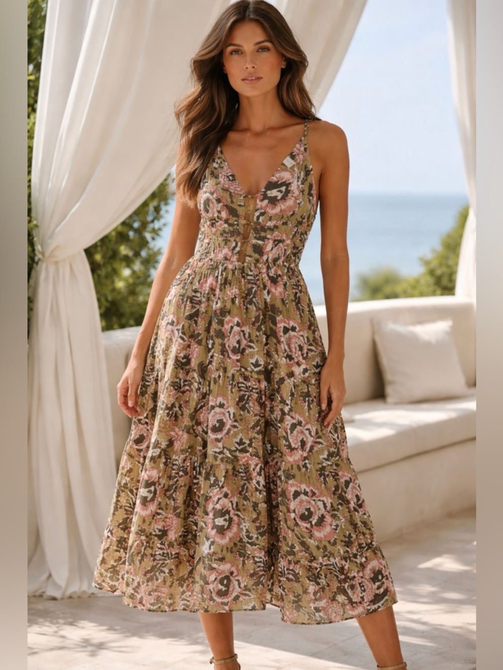 CAROLINE CONSTAS Olive Green Pink Floral Smocked Cut-Out Cotton Midi Sundress L